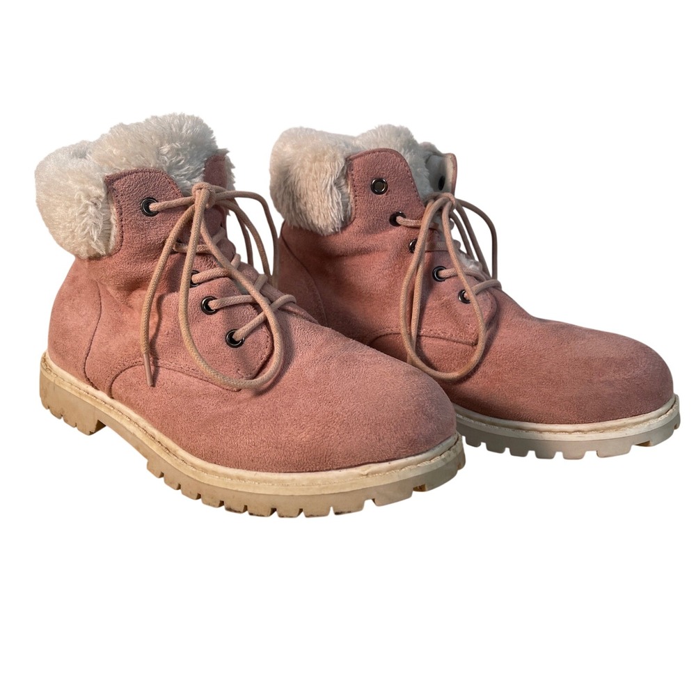 Women's Pink Faux Suede Faux Fur Lace Up Ankle Boots Size 5M Lug Sole